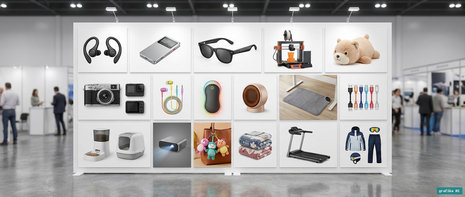 Hity importowe z Chin na 2027 rok: kolaż produktów, m.in. słuchawki klipsowe, dyktafon AI, okulary audio, ogrzewacz do rąk i drukarka 3D
